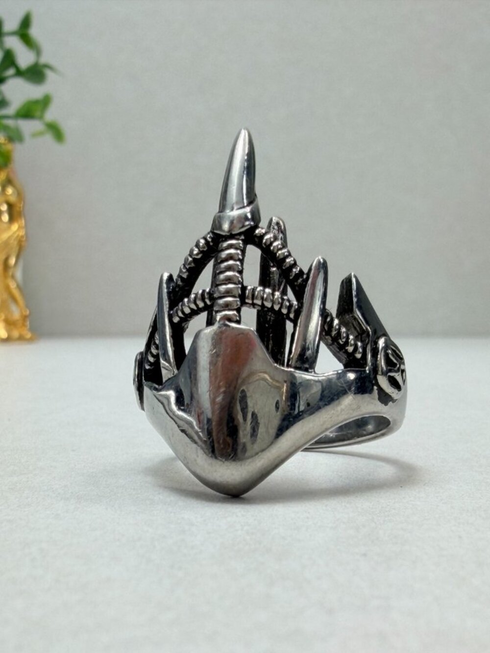 Avant Garde Spike Cage Statement Ring Silver Tone Gothic Style Size 12